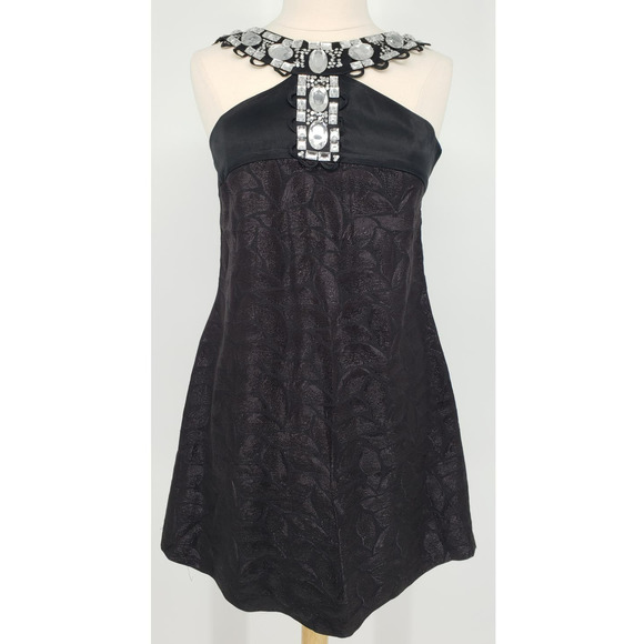 Arden B Y2K Cocktail Dress L Metallic Jacquard Embellished Rhinestone Black - Picture 1 of 9